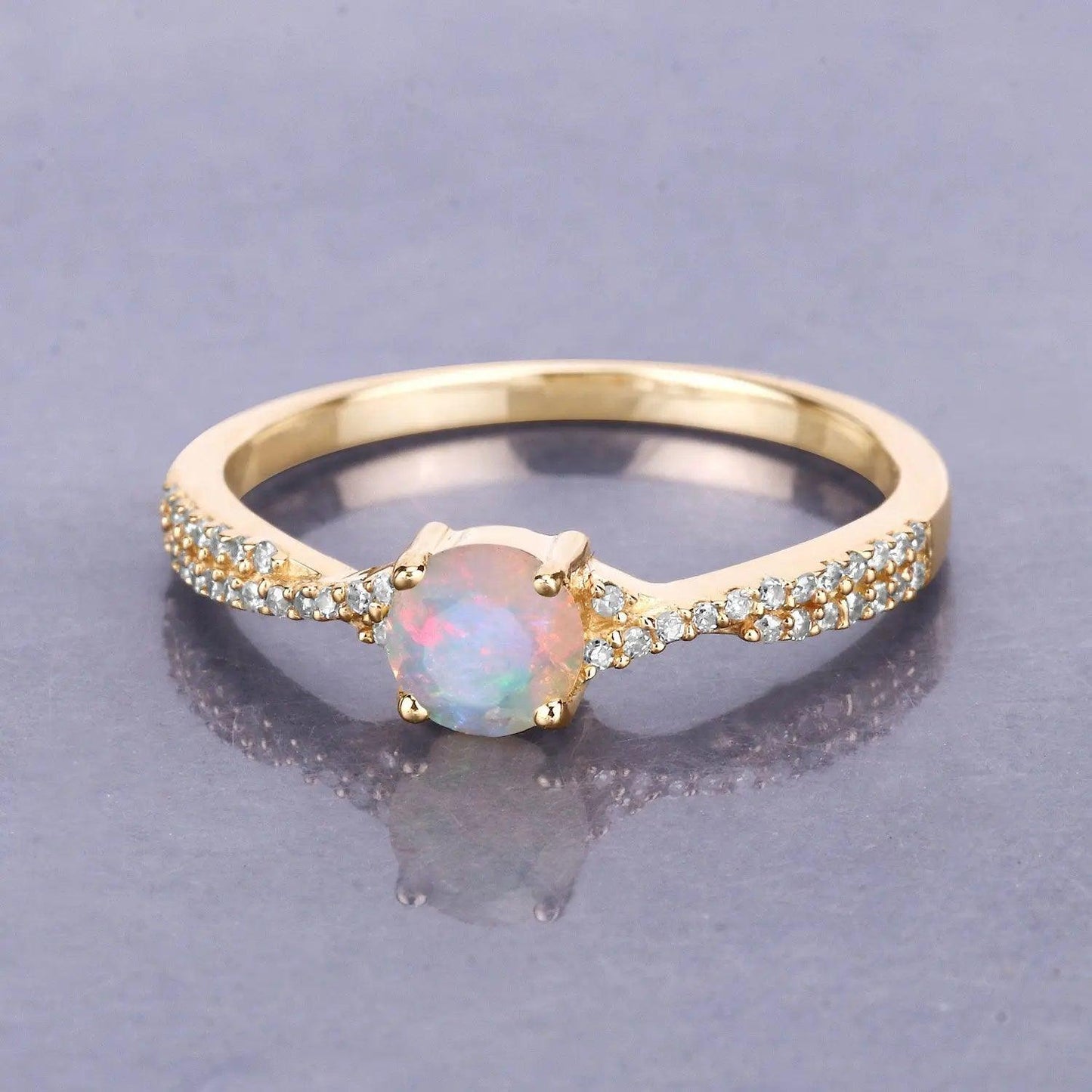 0.37 Carat Genuine Ethiopian Opal and White Diamond 14K Yellow Gold Engagement Ring - GOLDISSEYA