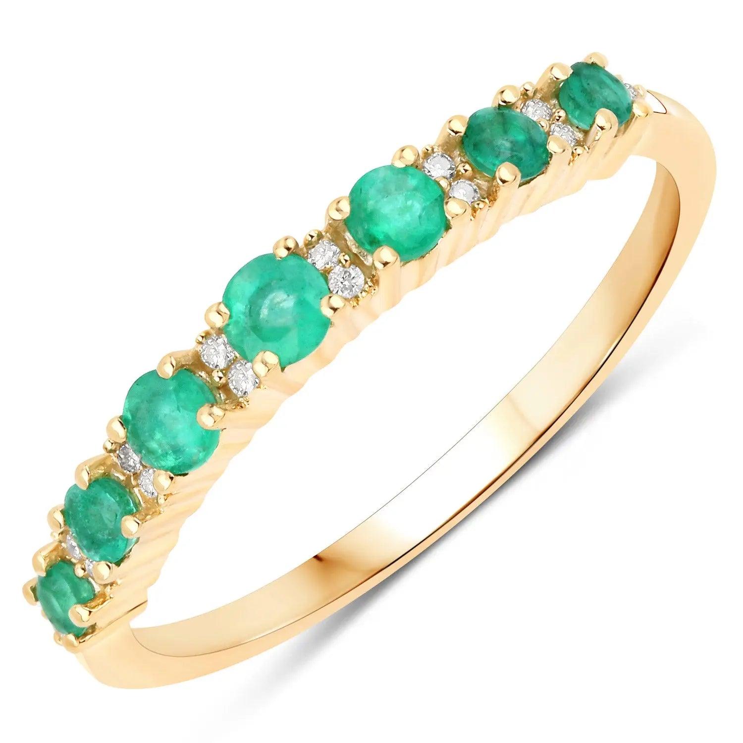 0.41 Carat Genuine Zambian Emerald and White Diamond 14K Yellow Gold Wedding Band Ring - GOLDISSEYA