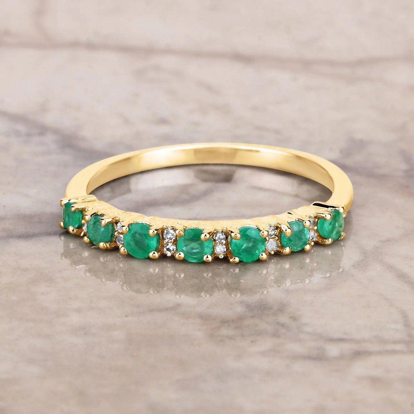 0.41 Carat Genuine Zambian Emerald and White Diamond 14K Yellow Gold Wedding Band Ring - GOLDISSEYA