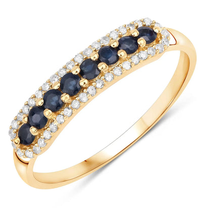 0.43 Carat Genuine Blue Sapphire and White Diamond 14K Yellow Gold Wedding Band Ring - GOLDISSEYA