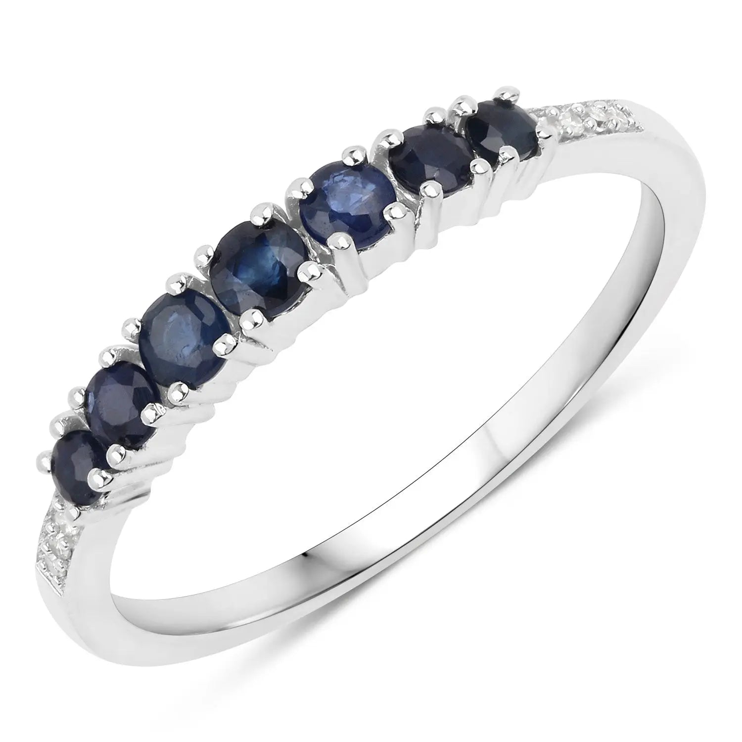 0.45 Carat Genuine Blue Sapphire and White Diamond 14K White Gold Wedding Band Ring - GOLDISSEYA