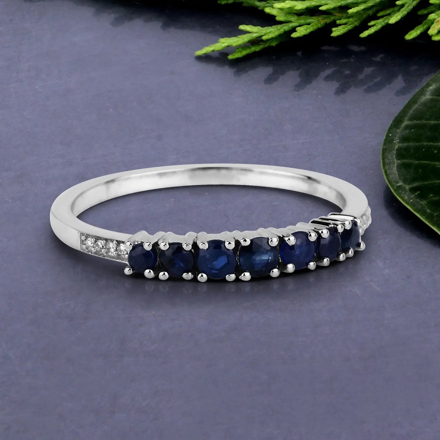 0.45 Carat Genuine Blue Sapphire and White Diamond 14K White Gold Wedding Band Ring - GOLDISSEYA