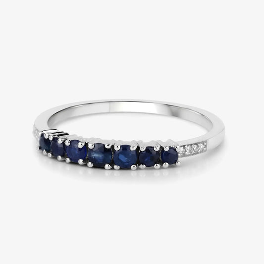 0.45 Carat Genuine Blue Sapphire and White Diamond 14K White Gold Wedding Band Ring - GOLDISSEYA