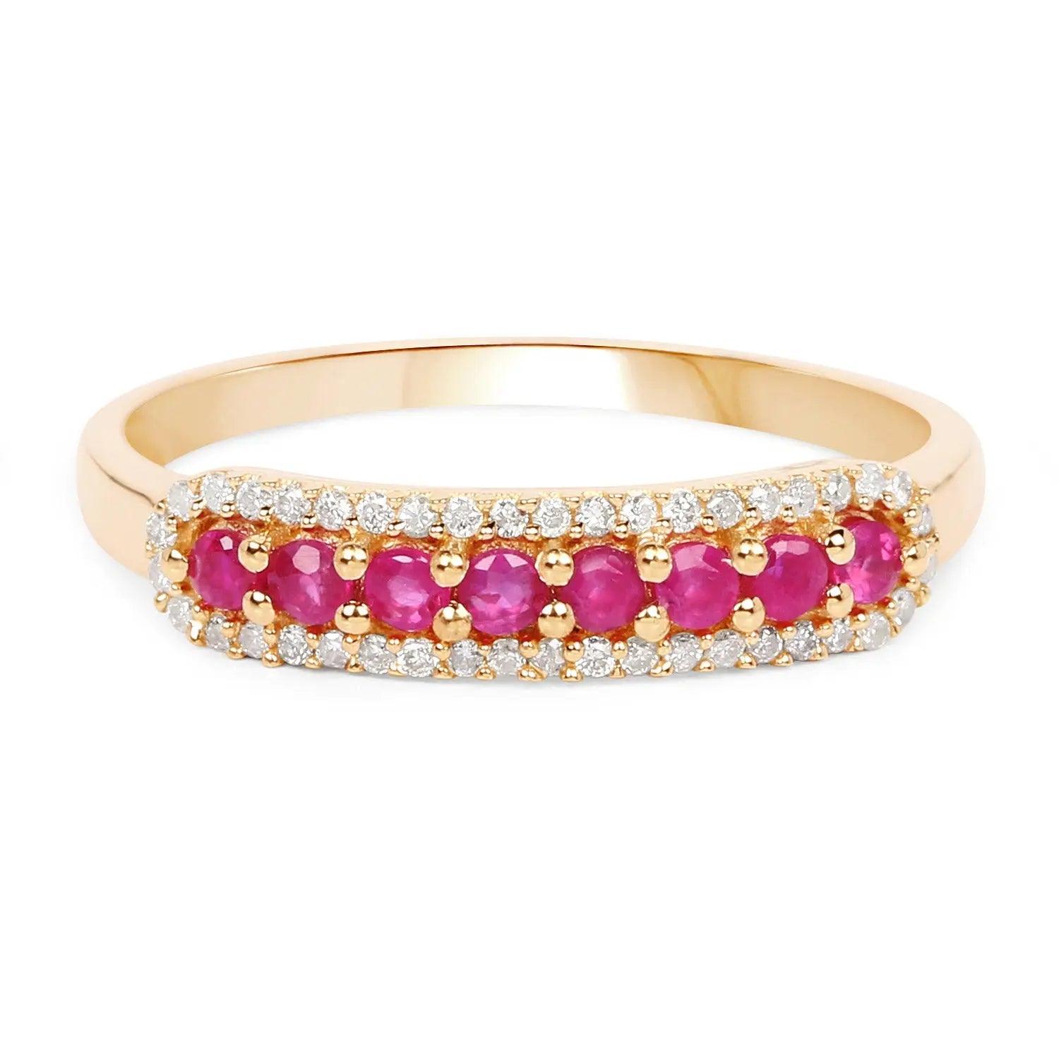 0.47 Carat Genuine Ruby and White Diamond 14K Yellow Gold Wedding Band Ring - GOLDISSEYA