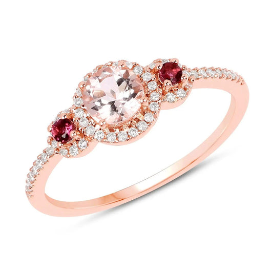 0.63 Carat Genuine Morganite, Pink Tourmaline and White Diamond 14K Rose Gold Ring - GOLDISSEYA