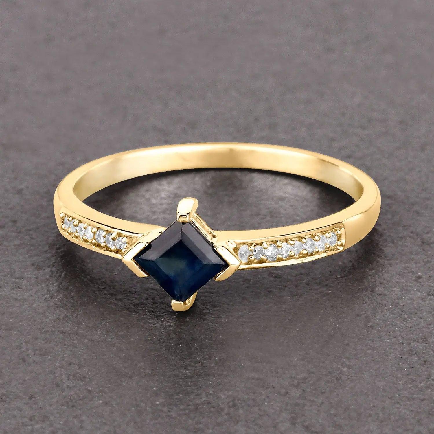 0.64 Carat Genuine Blue Sapphire and White Diamond 14K Yellow Gold Engagement Ring - GOLDISSEYA