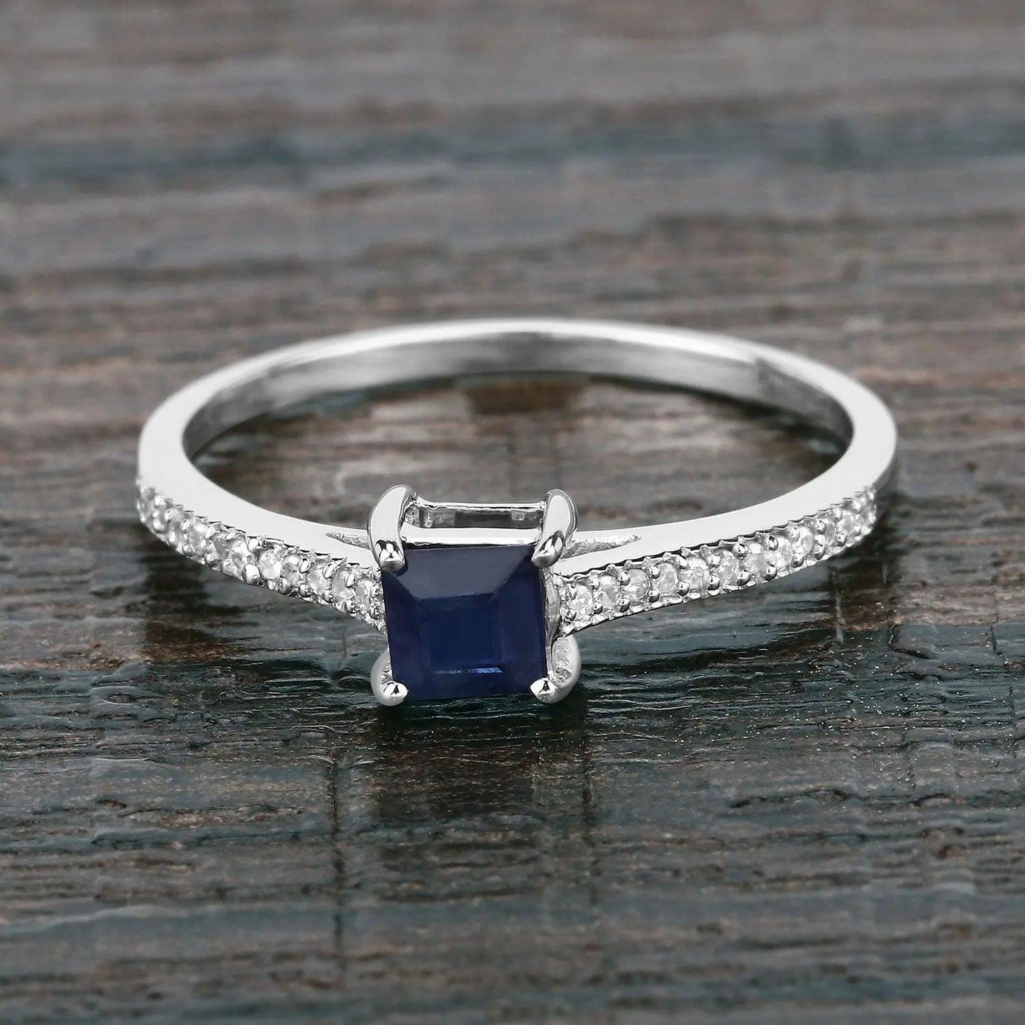 0.67 Carat Genuine Blue Sapphire and White Diamond 14K White Gold Engagement Ring - GOLDISSEYA