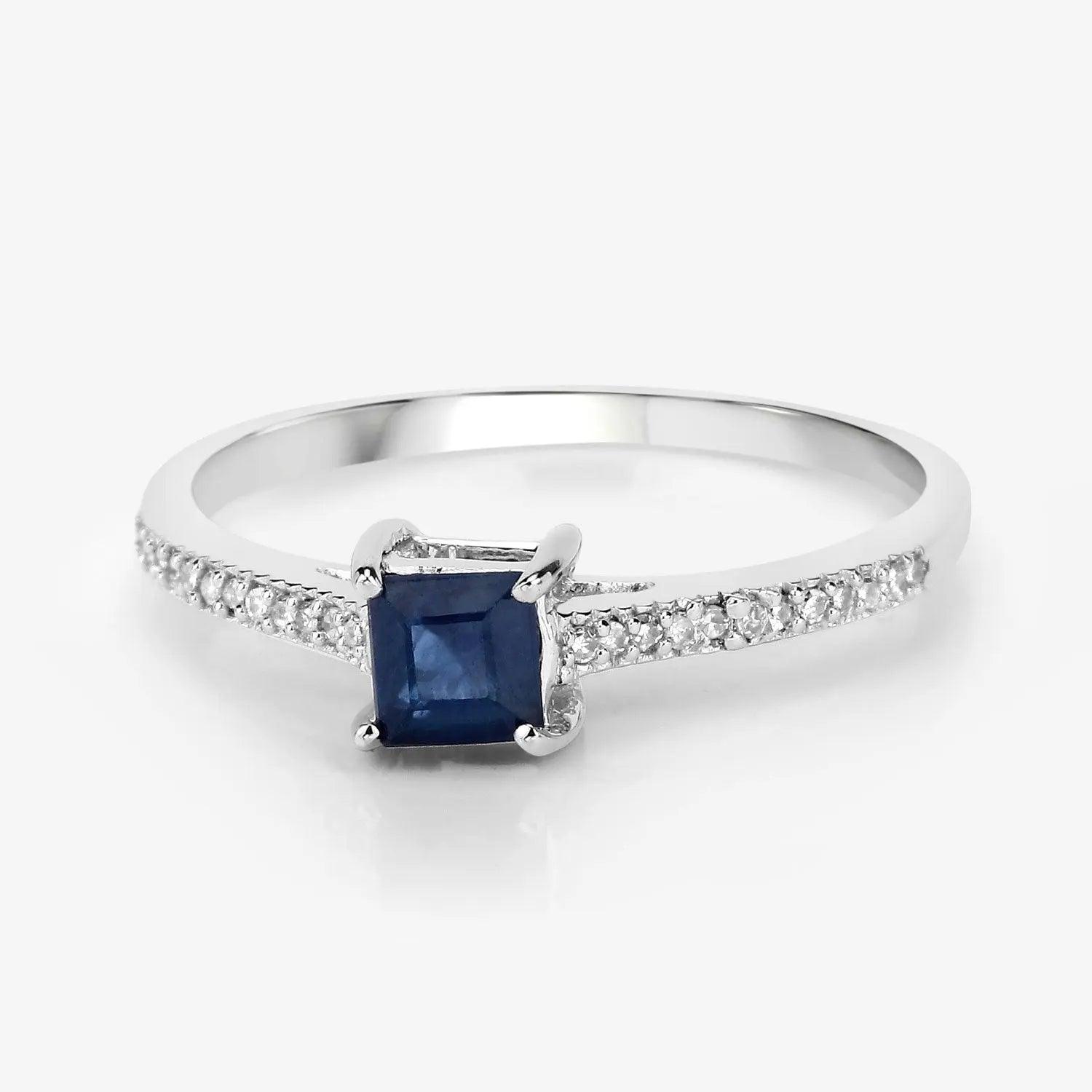 0.67 Carat Genuine Blue Sapphire and White Diamond 14K White Gold Engagement Ring - GOLDISSEYA