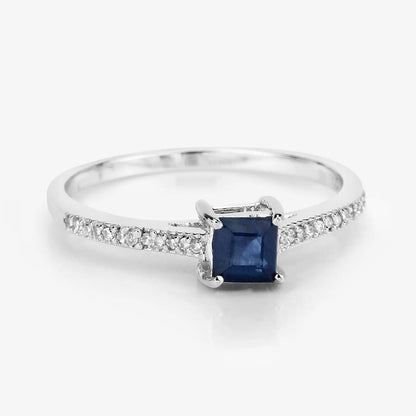 0.67 Carat Genuine Blue Sapphire and White Diamond 14K White Gold Engagement Ring - GOLDISSEYA