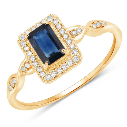 0.68 Carat Genuine Blue Sapphire and White Diamond 14K Yellow Gold Engagement Ring - GOLDISSEYA