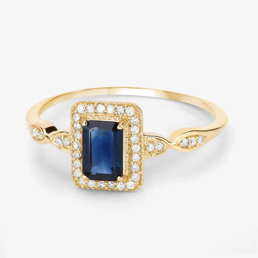 0.68 Carat Genuine Blue Sapphire and White Diamond 14K Yellow Gold Engagement Ring - GOLDISSEYA