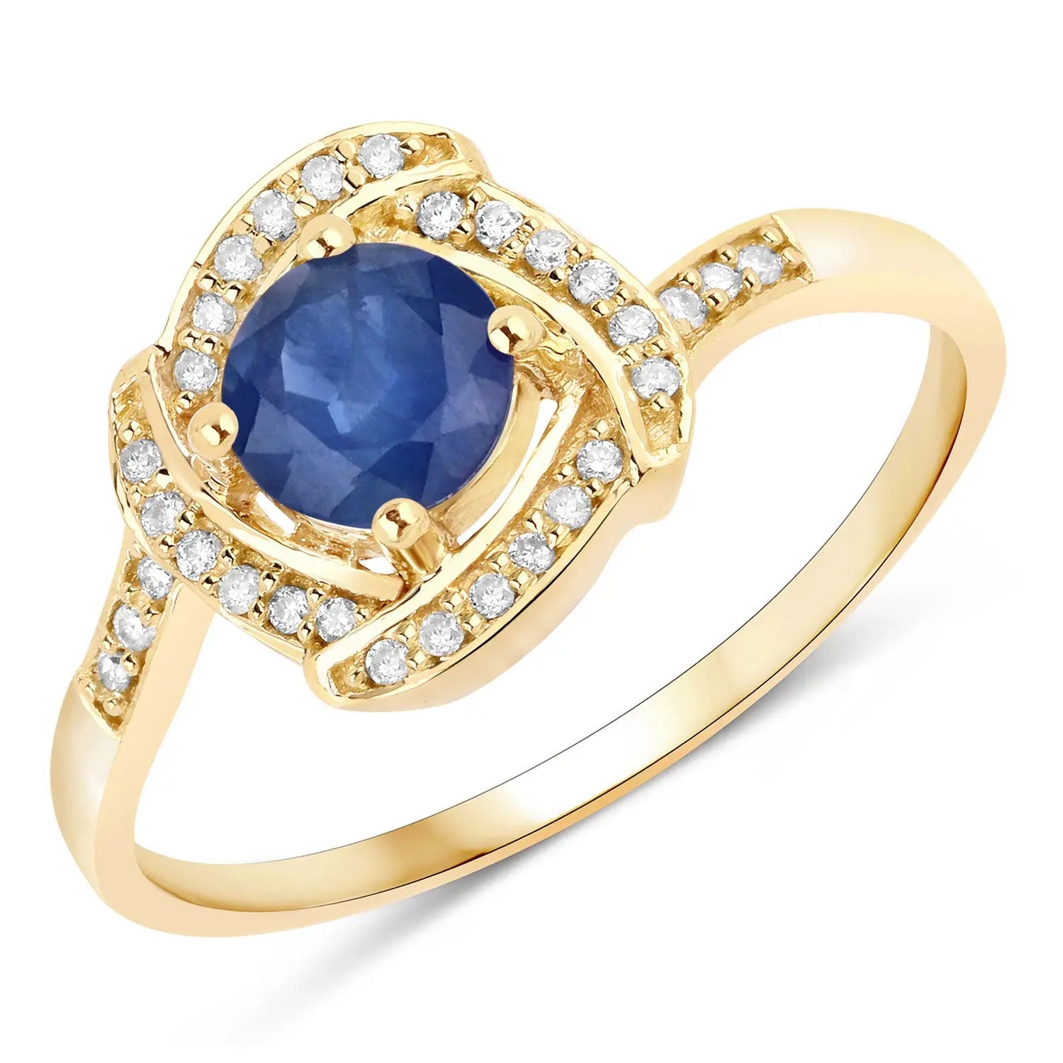 0.73 Carat Genuine Blue Sapphire and White Diamond 14K Yellow Gold Engagement Ring - GOLDISSEYA