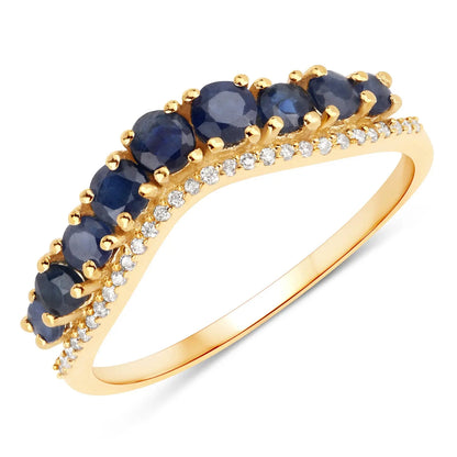 0.79 Carat Genuine Blue Sapphire and White Diamond 14K Yellow Gold Wedding Band Ring - GOLDISSEYA