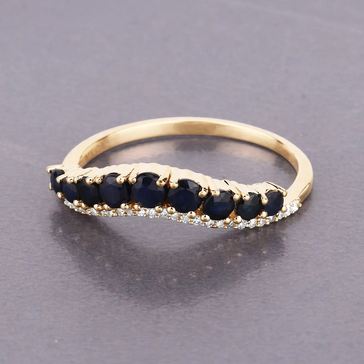 0.79 Carat Genuine Blue Sapphire and White Diamond 14K Yellow Gold Wedding Band Ring - GOLDISSEYA