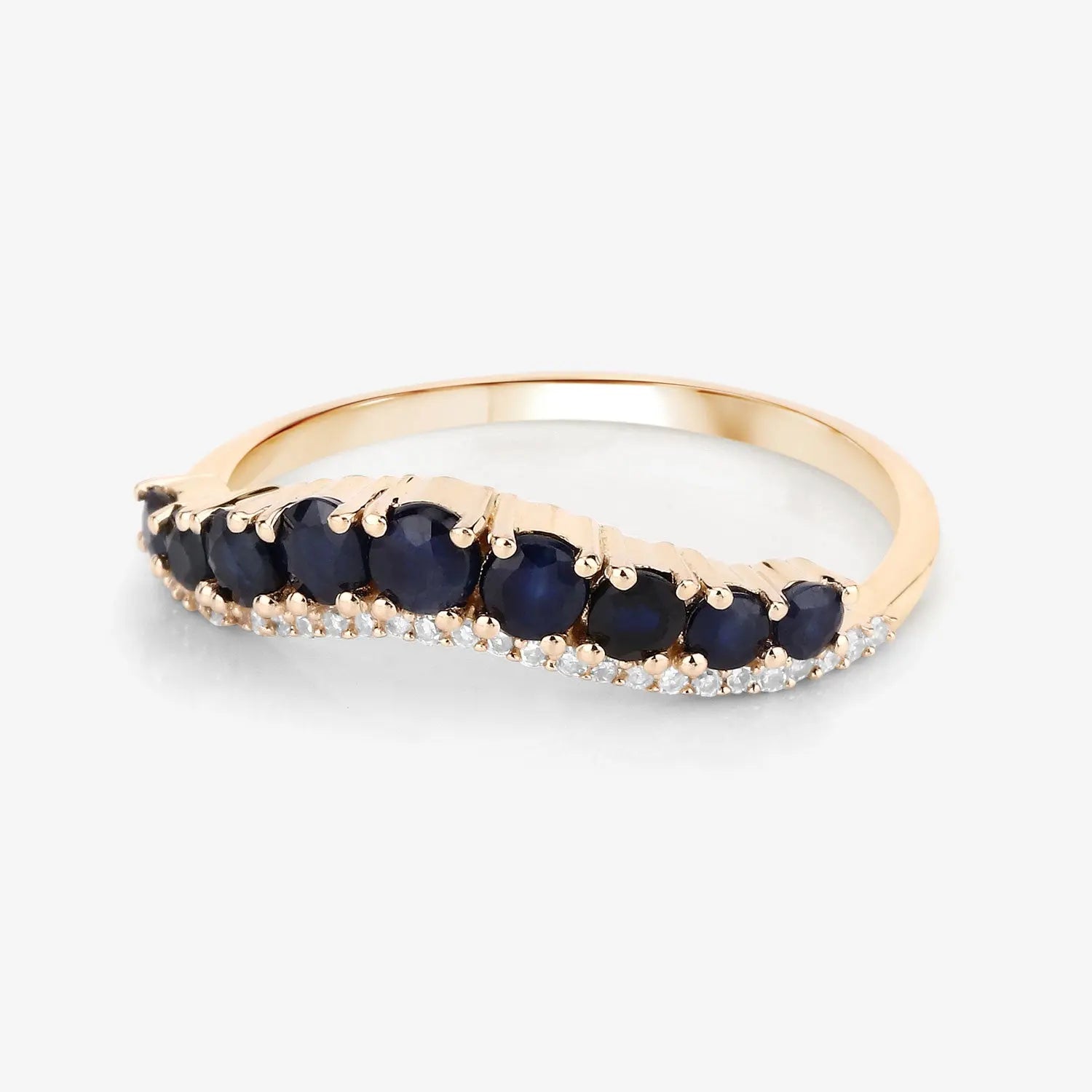 0.79 Carat Genuine Blue Sapphire and White Diamond 14K Yellow Gold Wedding Band Ring - GOLDISSEYA