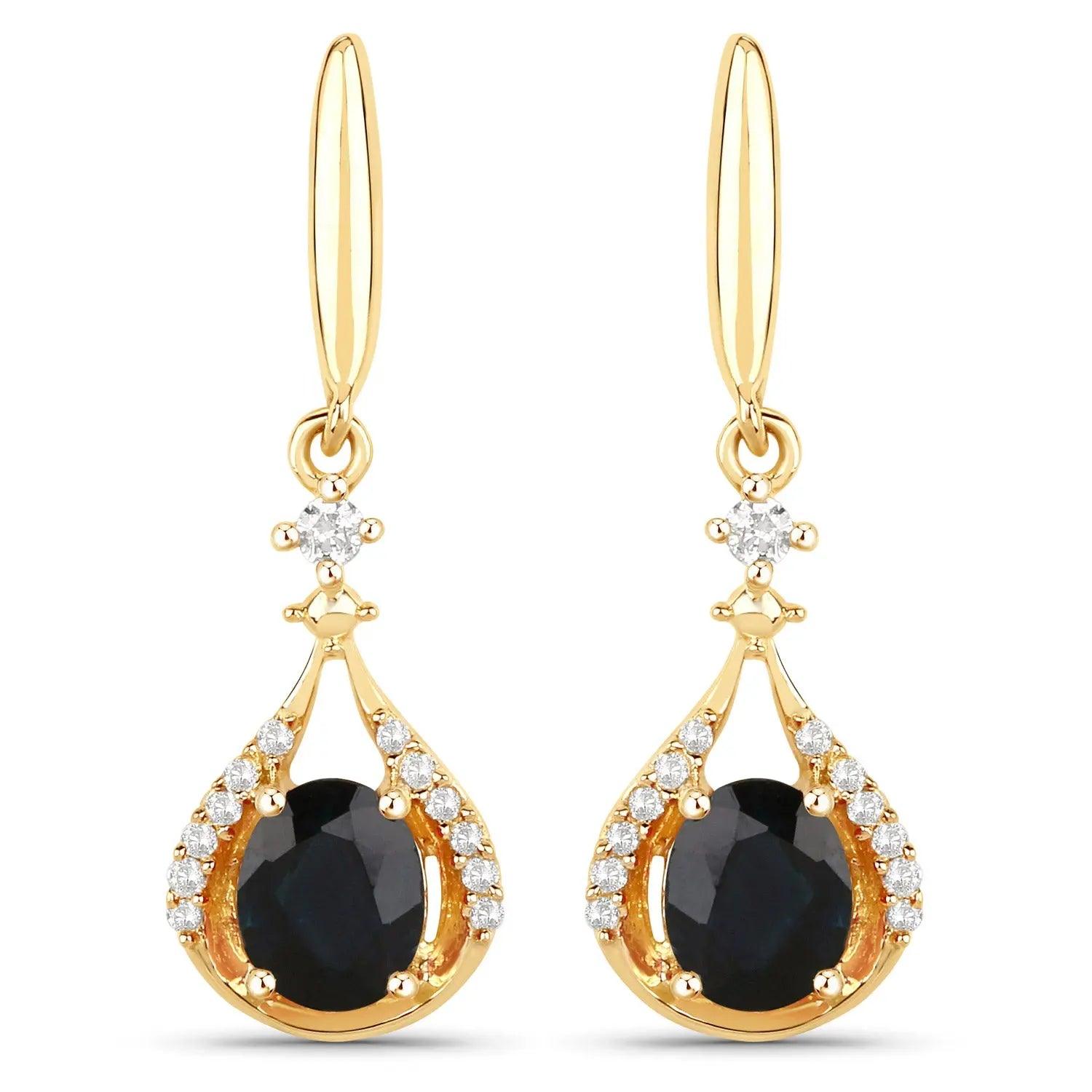 0.86 Carat Genuine Blue Sapphire and White Diamond 14K Yellow Gold Earrings - GOLDISSEYA