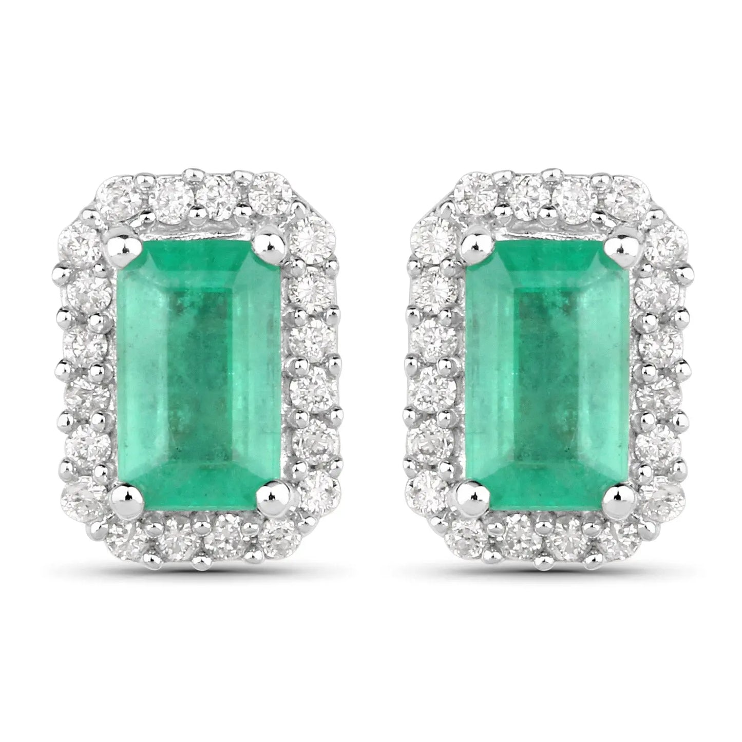 0.91 Carat Genuine Zambian Emerald and White Diamond 14K White Gold Earrings - GOLDISSEYA