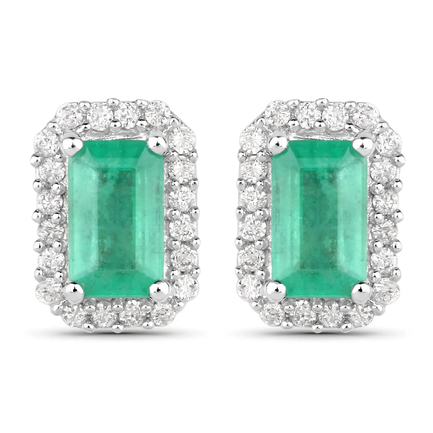 0.91 Carat Genuine Zambian Emerald and White Diamond 14K White Gold Earrings - GOLDISSEYA