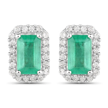 0.91 Carat Genuine Zambian Emerald and White Diamond 14K White Gold Earrings - GOLDISSEYA