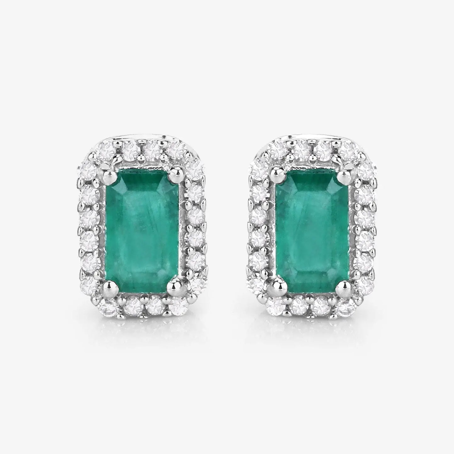 0.91 Carat Genuine Zambian Emerald and White Diamond 14K White Gold Earrings - GOLDISSEYA