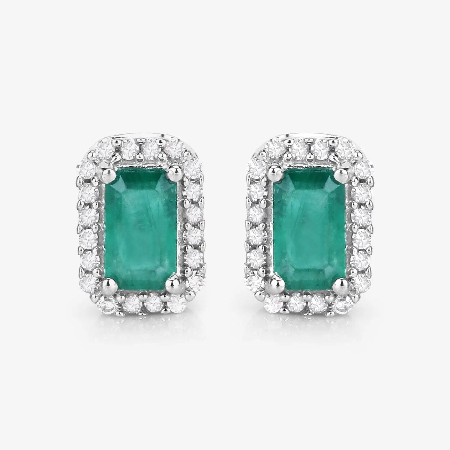 0.91 Carat Genuine Zambian Emerald and White Diamond 14K White Gold Earrings - GOLDISSEYA