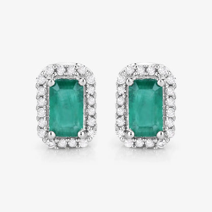 0.91 Carat Genuine Zambian Emerald and White Diamond 14K White Gold Earrings - GOLDISSEYA