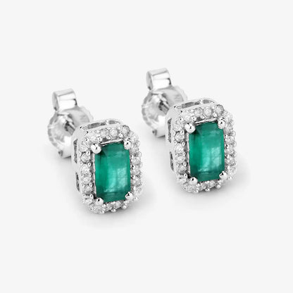 0.91 Carat Genuine Zambian Emerald and White Diamond 14K White Gold Earrings - GOLDISSEYA