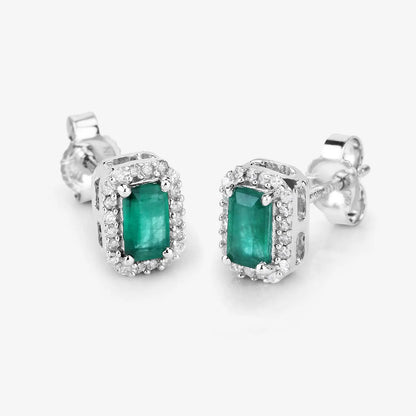 0.91 Carat Genuine Zambian Emerald and White Diamond 14K White Gold Earrings - GOLDISSEYA