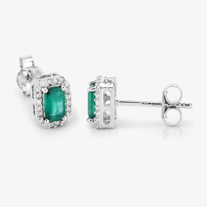 0.91 Carat Genuine Zambian Emerald and White Diamond 14K White Gold Earrings - GOLDISSEYA