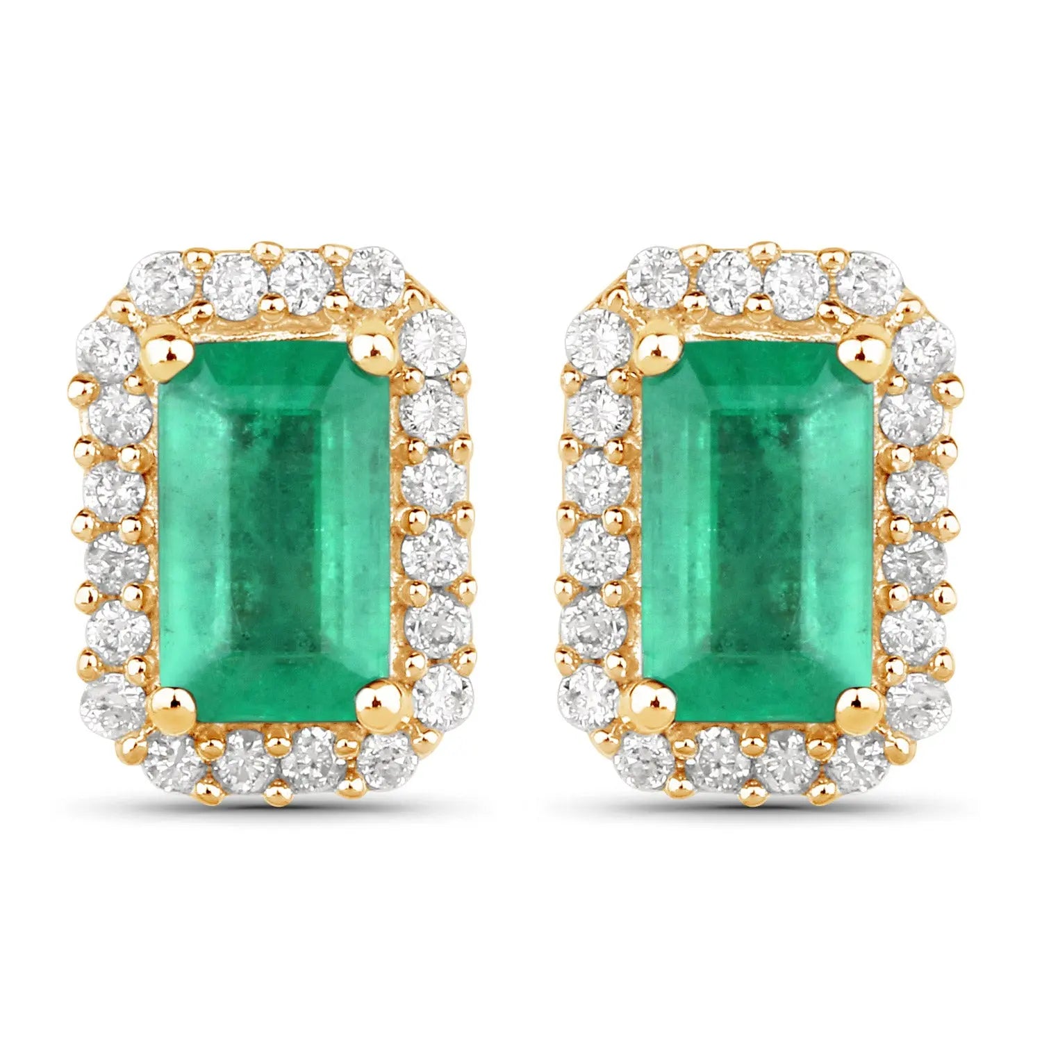 0.91 Carat Genuine Zambian Emerald and White Diamond 14K Yellow Gold Earrings - GOLDISSEYA