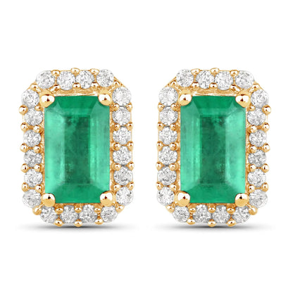 0.91 Carat Genuine Zambian Emerald and White Diamond 14K Yellow Gold Earrings - GOLDISSEYA