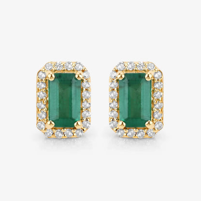 0.91 Carat Genuine Zambian Emerald and White Diamond 14K Yellow Gold Earrings - GOLDISSEYA