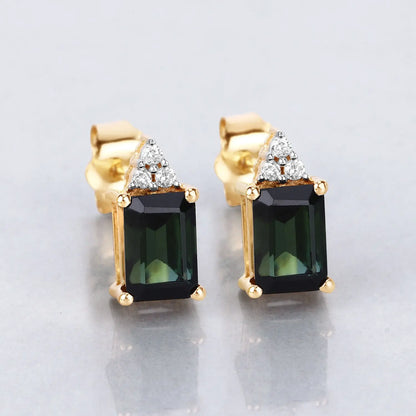 1.25 Carat Genuine Green Tourmaline and White Diamond 14K Yellow Gold Earrings - GOLDISSEYA