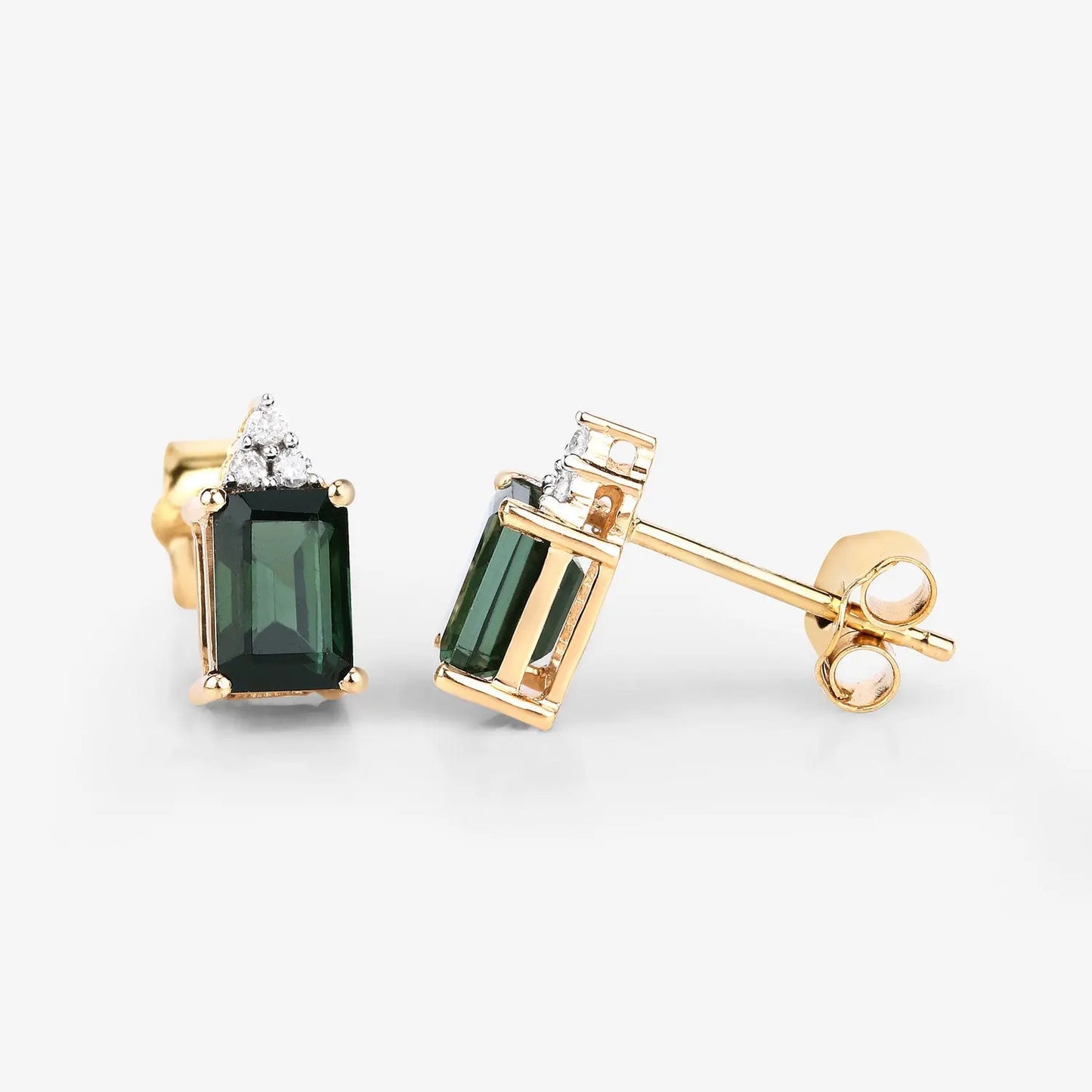 1.25 Carat Genuine Green Tourmaline and White Diamond 14K Yellow Gold Earrings - GOLDISSEYA