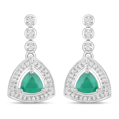 1.39 Carat Genuine Zambian Emerald and White Diamond 14K White Gold Earrings - GOLDISSEYA