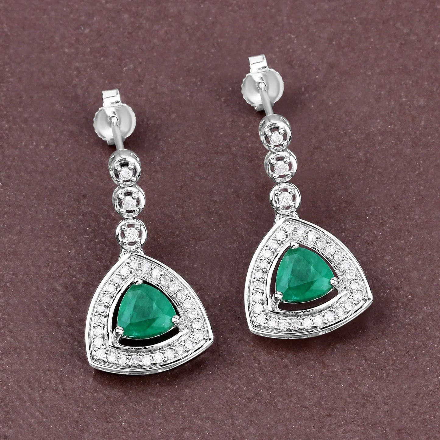 1.39 Carat Genuine Zambian Emerald and White Diamond 14K White Gold Earrings - GOLDISSEYA