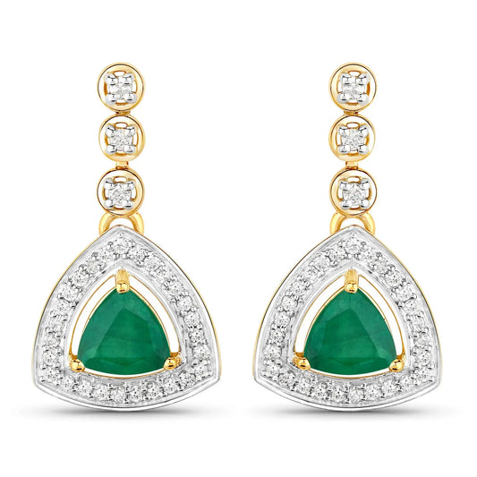 1.39 Carat Genuine Zambian Emerald and White Diamond 14K Yellow Gold Earrings - GOLDISSEYA