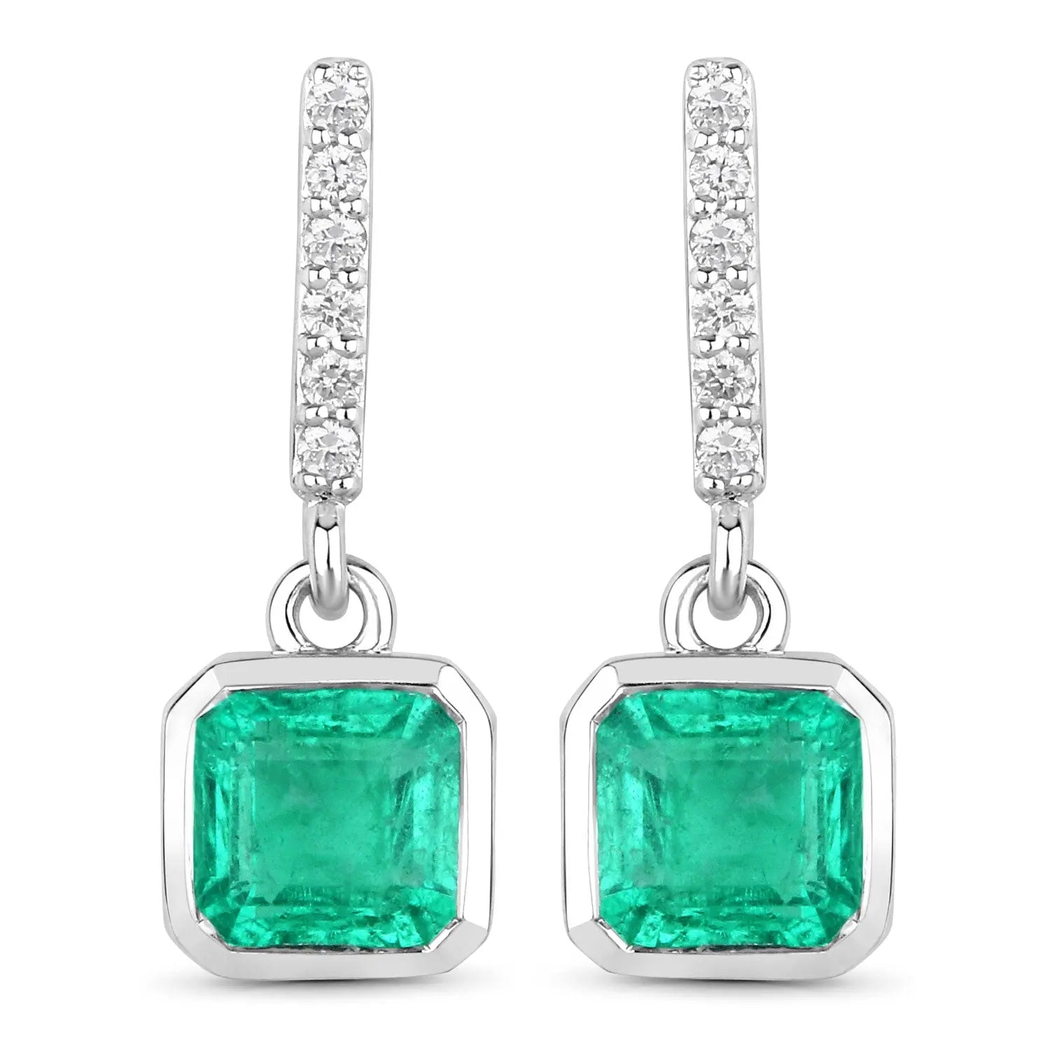 1.48 Carat Genuine Emerald and White Diamond 14K White Gold Earrings - GOLDISSEYA