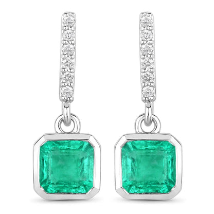 1.48 Carat Genuine Emerald and White Diamond 14K White Gold Earrings - GOLDISSEYA