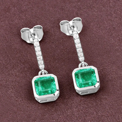 1.48 Carat Genuine Emerald and White Diamond 14K White Gold Earrings - GOLDISSEYA