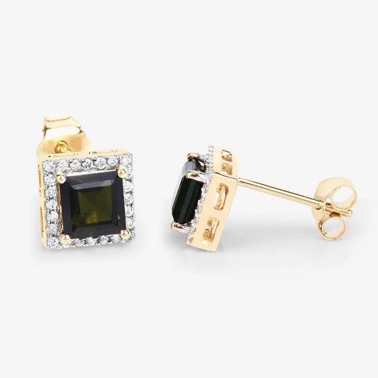 1.55 Carat Genuine Green Tourmaline and White Diamond 14K Yellow Gold Earrings - GOLDISSEYA