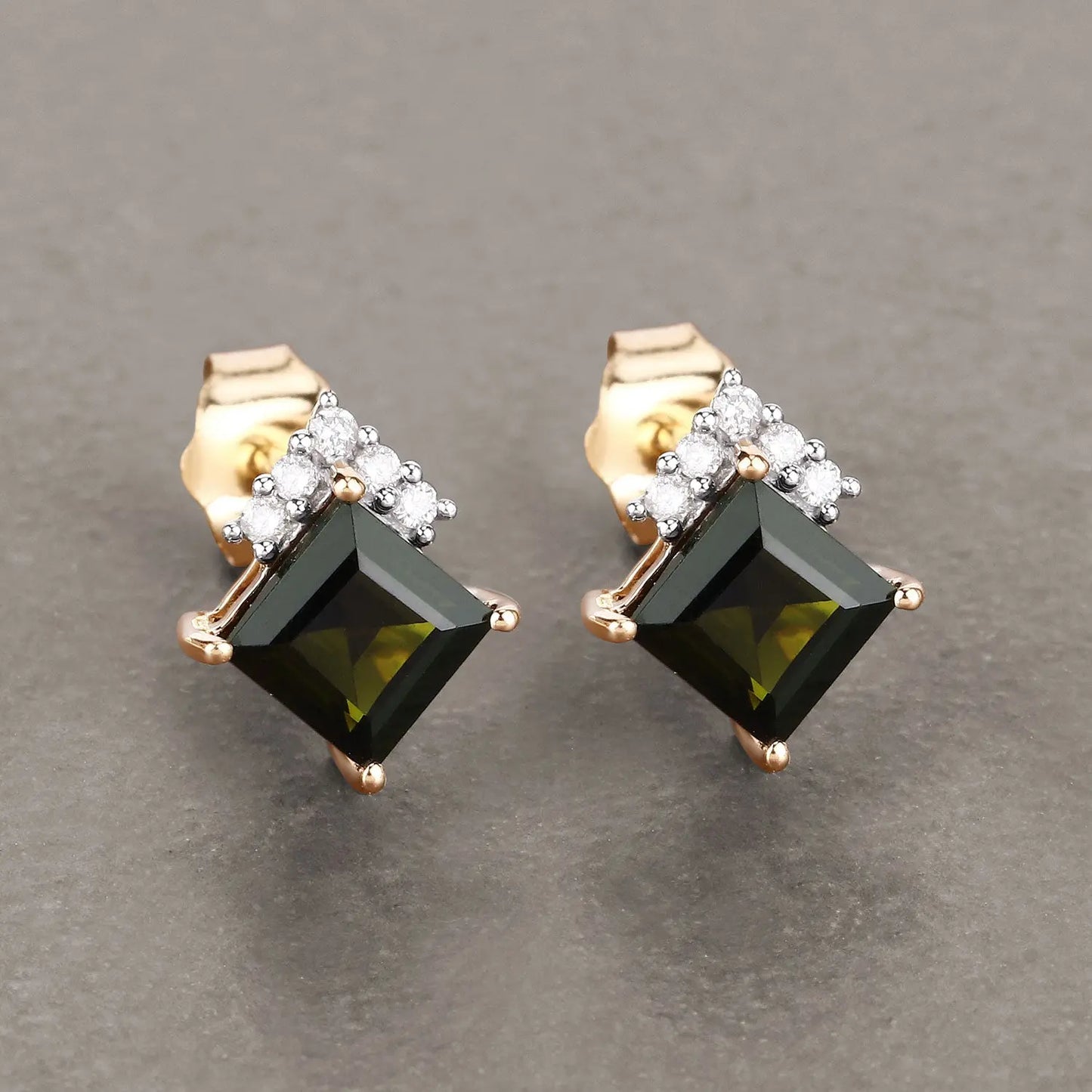 1.66 Carat Genuine Green Tourmaline and White Diamond 14K Yellow Gold Earrings - GOLDISSEYA