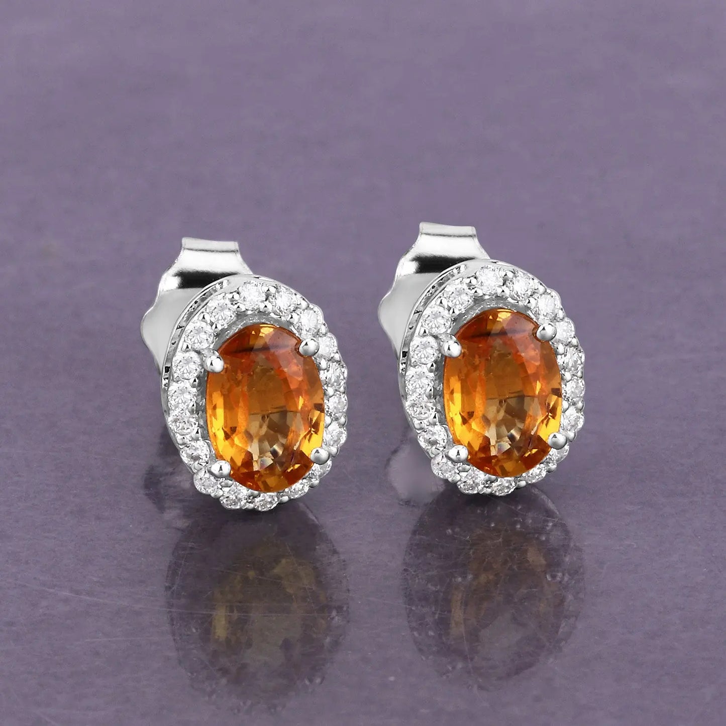 1.66 Carat Genuine Orange Sapphire and White Diamond 14K White Gold Earrings - GOLDISSEYA