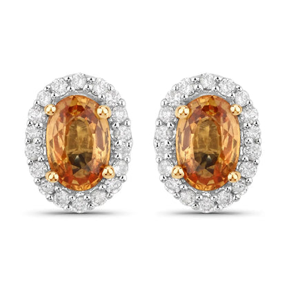 1.66 Carat Genuine Orange Sapphire and White Diamond 14K Yellow Gold Earrings - GOLDISSEYA