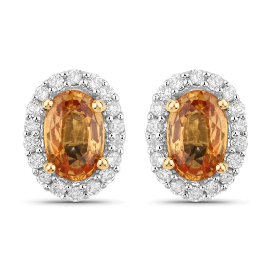 1.66 Carat Genuine Orange Sapphire and White Diamond 14K Yellow Gold Earrings - GOLDISSEYA