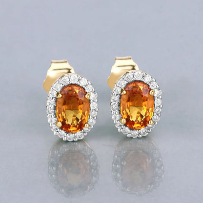 1.66 Carat Genuine Orange Sapphire and White Diamond 14K Yellow Gold Earrings - GOLDISSEYA