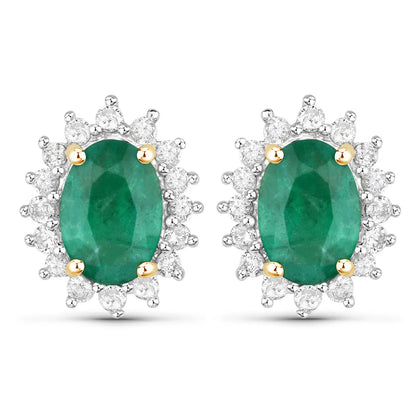 1.86 Carat Genuine Zambian Emerald and White Diamond 14K Yellow Gold Earrings - GOLDISSEYA