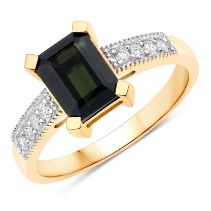 1.91 Carat Genuine Green Tourmaline and White Diamond 14K Yellow Gold Engagement Ring - GOLDISSEYA