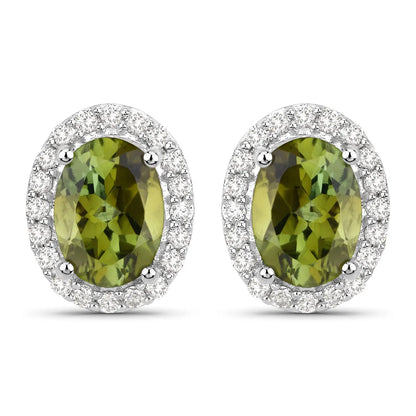 1.92 Carat Genuine Green Tourmaline and White Diamond 14K White Gold Earrings - GOLDISSEYA