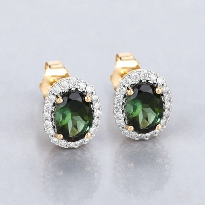 1.92 Carat Genuine Green Tourmaline and White Diamond 14K Yellow Gold Earrings - GOLDISSEYA